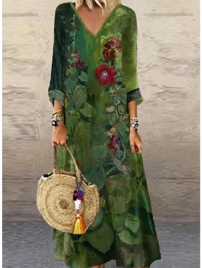 Casual Dress Ethnic Dress Long Dress Maxi Dress Green 3/4 Length Sleeve Floral Print Summer Spring Fall V Neck Classic Vacation  S M L XL XXL 3XL 4XL for Women