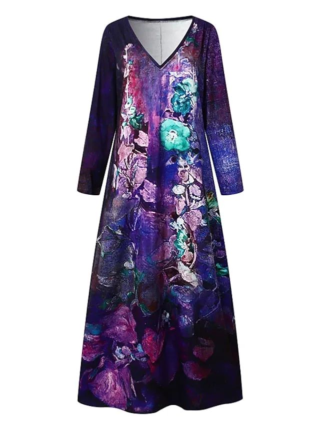 Casual Dress Ethnic Dress Long Dress Maxi Dress Green 3/4 Length Sleeve Floral Print Summer Spring Fall V Neck Classic Vacation  S M L XL XXL 3XL 4XL for Women