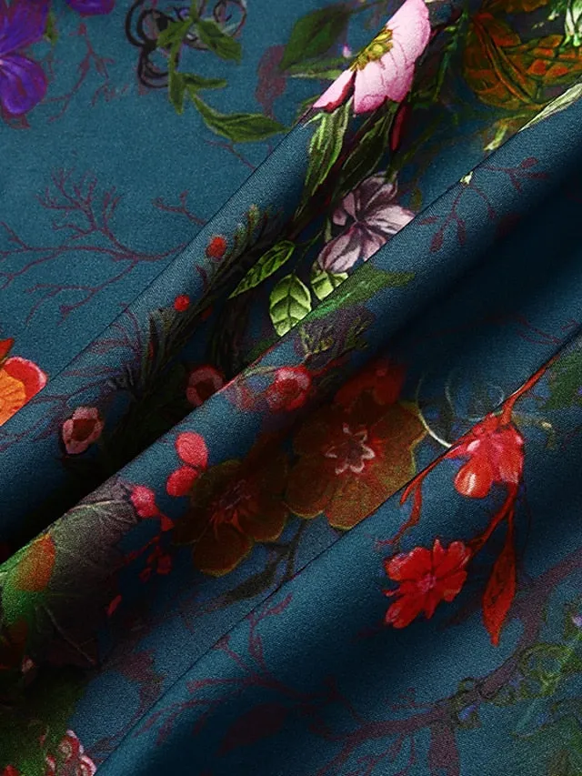 Casual Dress Ethnic Dress Midi Dress Green Half Sleeve Floral Ruched Summer Spring Fall V Neck Mature  3XL for Women
