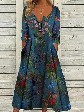 Casual Dress Ethnic Dress Midi Dress Green Half Sleeve Floral Ruched Summer Spring Fall V Neck Mature  3XL for Women