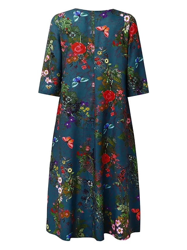 Casual Dress Ethnic Dress Midi Dress Green Half Sleeve Floral Ruched Summer Spring Fall V Neck Mature  3XL for Women