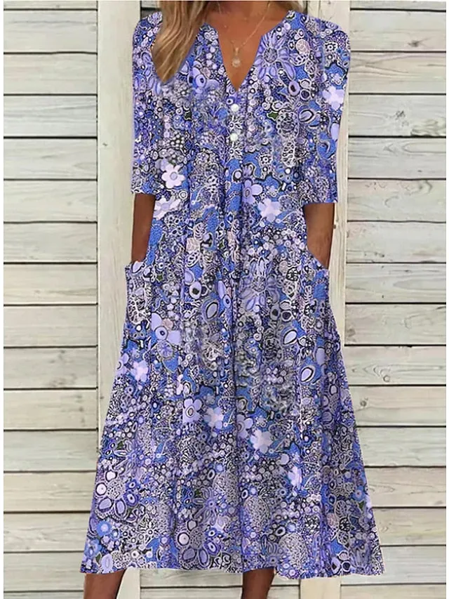 Casual Dress Ethnic Dress Midi Dress Red Half Sleeve Floral Print Fall Spring Summer V Neck Casual Vacation  S M L XL XXL 3XL for Women