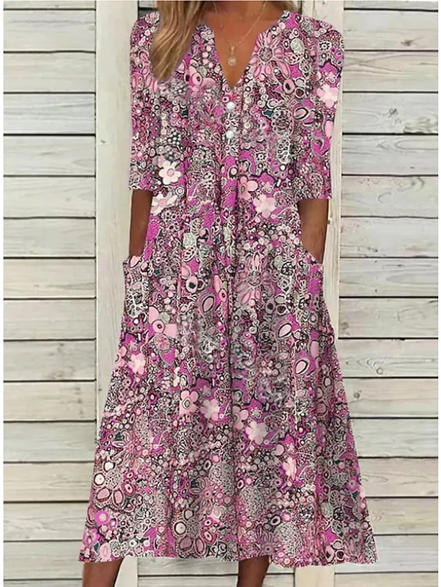 Casual Dress Ethnic Dress Midi Dress Red Half Sleeve Floral Print Fall Spring Summer V Neck Casual Vacation  S M L XL XXL 3XL for Women