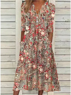 Casual Dress Ethnic Dress Midi Dress Red Half Sleeve Floral Print Fall Spring Summer V Neck Casual Vacation  S M L XL XXL 3XL for Women