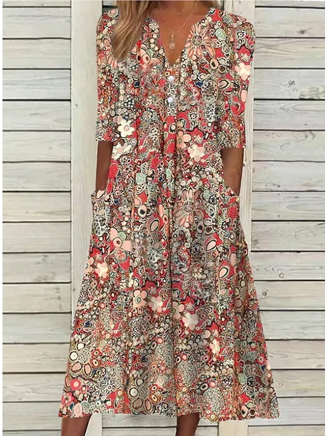 Casual Dress Ethnic Dress Midi Dress Red Half Sleeve Floral Print Fall Spring Summer V Neck Casual Vacation  S M L XL XXL 3XL for Women