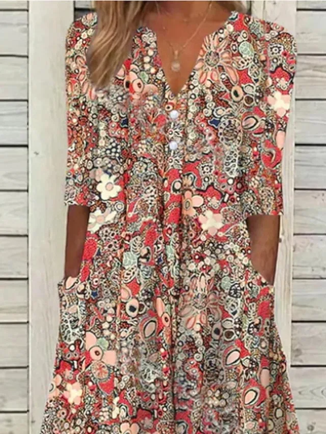 Casual Dress Ethnic Dress Midi Dress Red Half Sleeve Floral Print Fall Spring Summer V Neck Casual Vacation  S M L XL XXL 3XL for Women