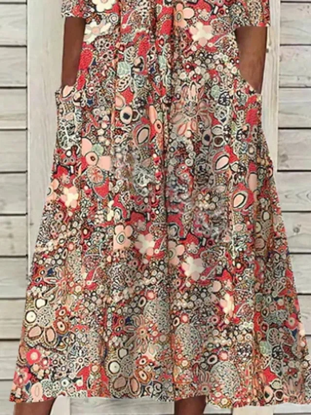 Casual Dress Ethnic Dress Midi Dress Red Half Sleeve Floral Print Fall Spring Summer V Neck Casual Vacation  S M L XL XXL 3XL for Women