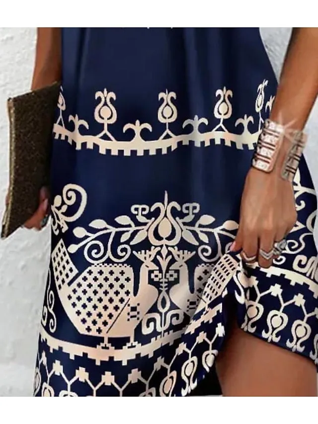 Casual Dress Ethnic Dress Mini Dress Black Blue Short Sleeve Print Print Spring Summer V Neck Casual  S M L XL XXL 3XL for Women