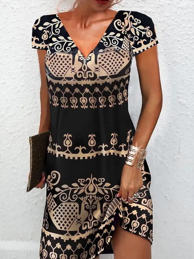 Casual Dress Ethnic Dress Mini Dress Black Blue Short Sleeve Print Print Spring Summer V Neck Casual  S M L XL XXL 3XL for Women