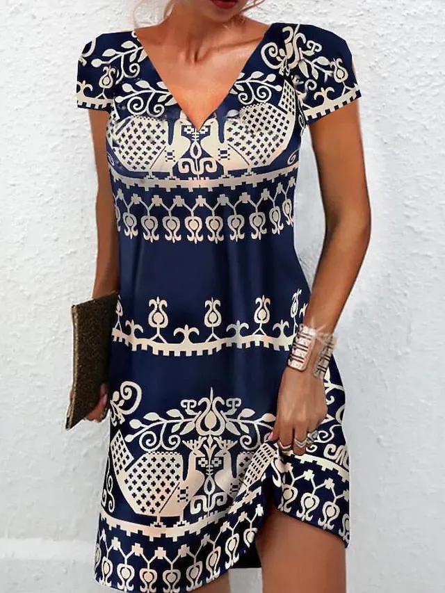 Casual Dress Ethnic Dress Mini Dress Black Blue Short Sleeve Print Print Spring Summer V Neck Casual  S M L XL XXL 3XL for Women