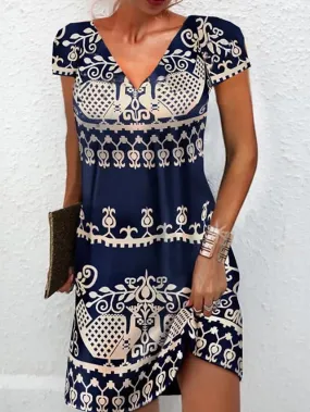 Casual Dress Ethnic Dress Mini Dress Black Blue Short Sleeve Print Print Spring Summer V Neck Casual  S M L XL XXL 3XL for Women