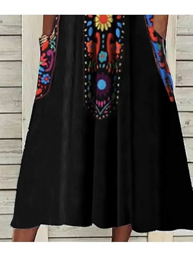 Casual Dress Ethnic Dress Shift Dress Midi Dress Black Half Sleeve Floral Pocket Fall Spring Summer V Neck Vintage Birthday Daily Date  S M L XL XXL 3XL for Women