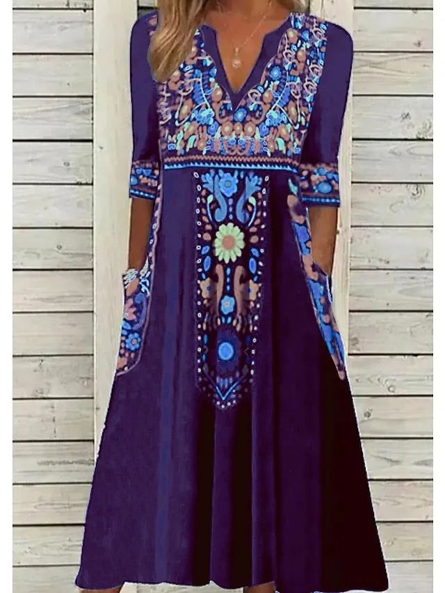 Casual Dress Ethnic Dress Shift Dress Midi Dress Black Half Sleeve Floral Pocket Fall Spring Summer V Neck Vintage Birthday Daily Date  S M L XL XXL 3XL for Women