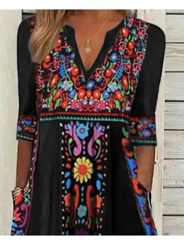 Casual Dress Ethnic Dress Shift Dress Midi Dress Black Half Sleeve Floral Pocket Fall Spring Summer V Neck Vintage Birthday Daily Date  S M L XL XXL 3XL for Women