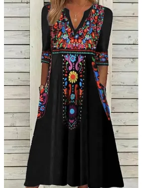 Casual Dress Ethnic Dress Shift Dress Midi Dress Black Half Sleeve Floral Pocket Fall Spring Summer V Neck Vintage Birthday Daily Date  S M L XL XXL 3XL for Women