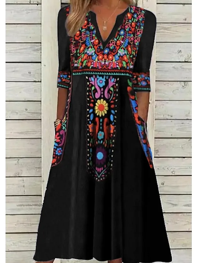 Casual Dress Ethnic Dress Shift Dress Midi Dress Black Half Sleeve Floral Pocket Fall Spring Summer V Neck Vintage Birthday Daily Date  S M L XL XXL 3XL for Women