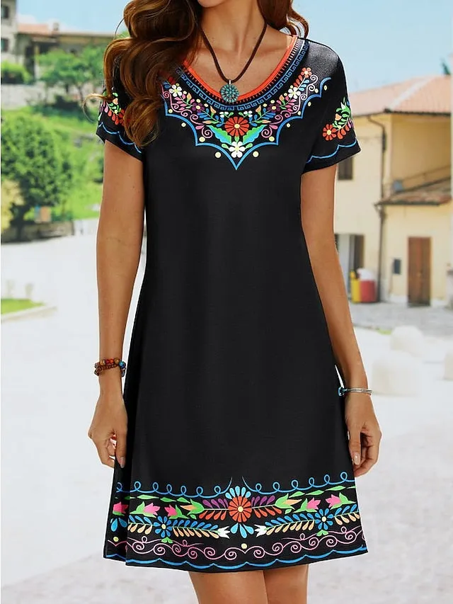 Casual Dress Ethnic Dress Shift Dress Mini Dress Black White Light Green Short Sleeve Floral Print Spring Summer Crew Neck Basic Daily Vacation Loose Fit  S M L XL XXL for Women
