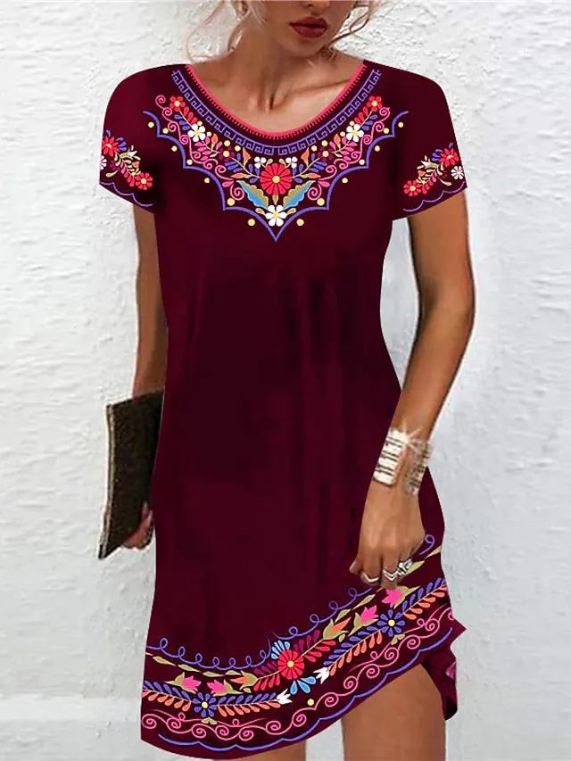 Casual Dress Ethnic Dress Shift Dress Mini Dress Black White Light Green Short Sleeve Floral Print Spring Summer Crew Neck Basic Daily Vacation Loose Fit  S M L XL XXL for Women