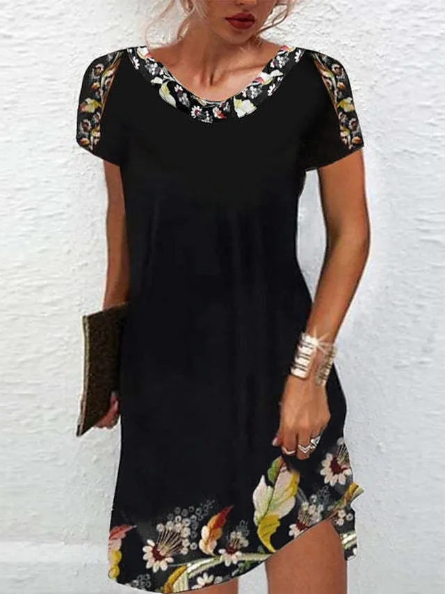 Casual Dress Ethnic Dress Shift Dress Mini Dress Black White Light Green Short Sleeve Floral Print Spring Summer Crew Neck Basic Daily Vacation Loose Fit  S M L XL XXL for Women