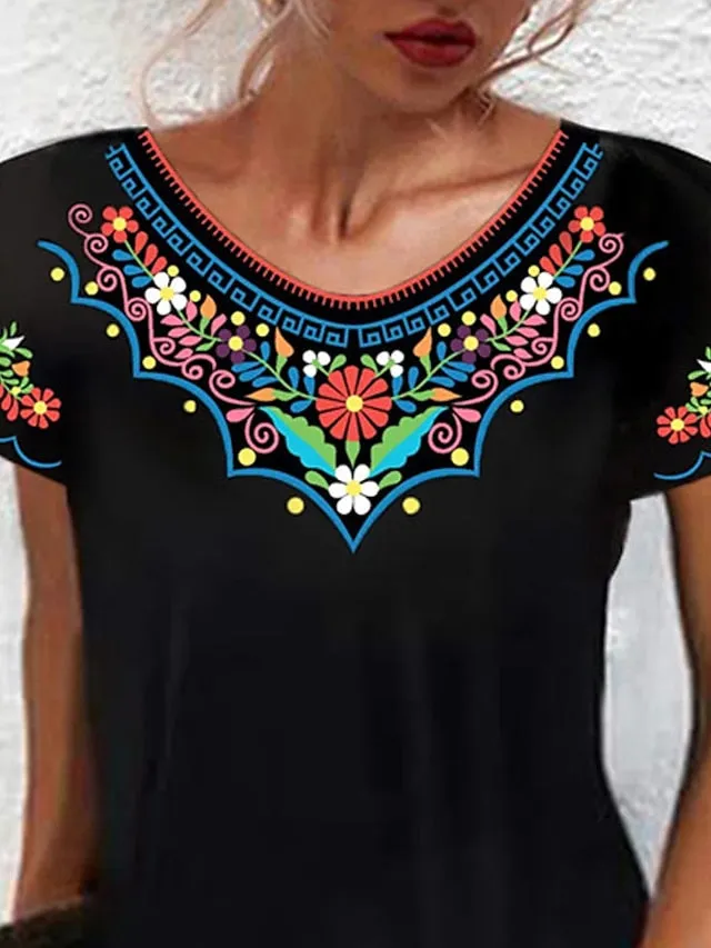 Casual Dress Ethnic Dress Shift Dress Mini Dress Black White Light Green Short Sleeve Floral Print Spring Summer Crew Neck Basic Daily Vacation Loose Fit  S M L XL XXL for Women