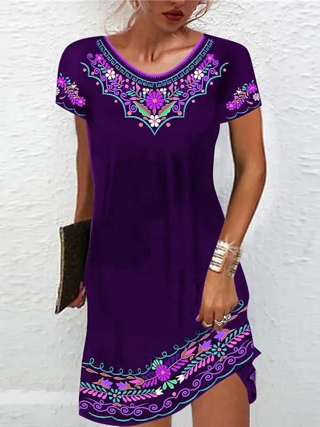 Casual Dress Ethnic Dress Shift Dress Mini Dress Black White Light Green Short Sleeve Floral Print Spring Summer Crew Neck Basic Daily Vacation Loose Fit  S M L XL XXL for Women