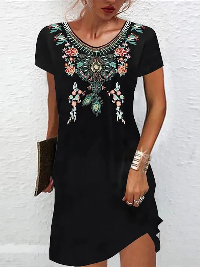 Casual Dress Ethnic Dress Shift Dress Mini Dress Black White Light Green Short Sleeve Floral Print Spring Summer Crew Neck Basic Daily Vacation Loose Fit  S M L XL XXL for Women