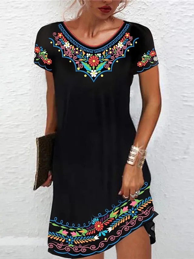 Casual Dress Ethnic Dress Shift Dress Mini Dress Black White Light Green Short Sleeve Floral Print Spring Summer Crew Neck Basic Daily Vacation Loose Fit  S M L XL XXL for Women