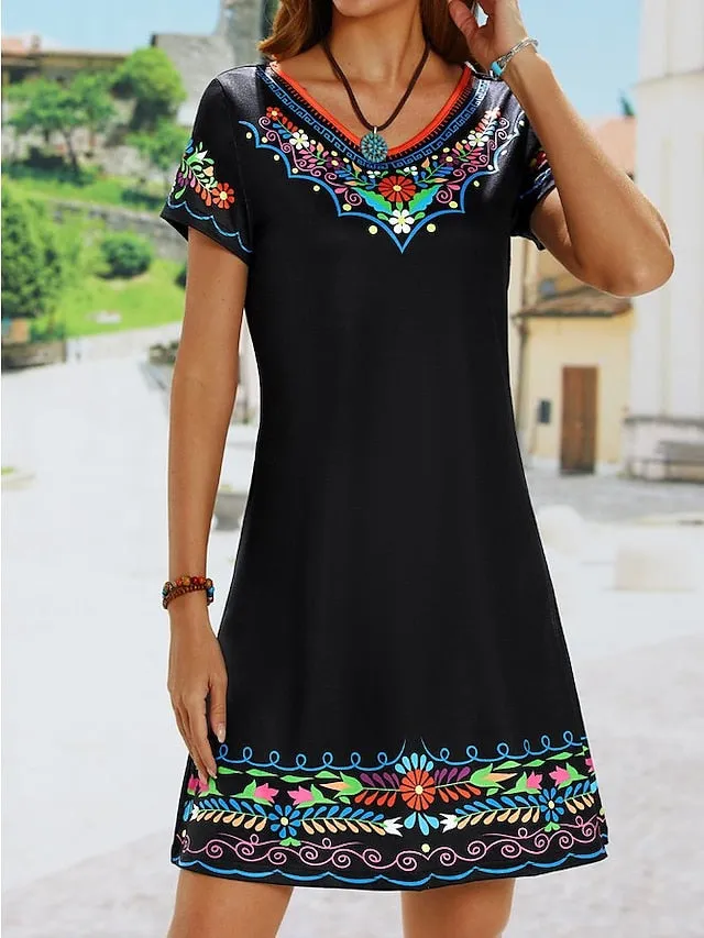 Casual Dress Ethnic Dress Shift Dress Mini Dress Black White Light Green Short Sleeve Floral Print Spring Summer Crew Neck Basic Daily Vacation Loose Fit  S M L XL XXL for Women