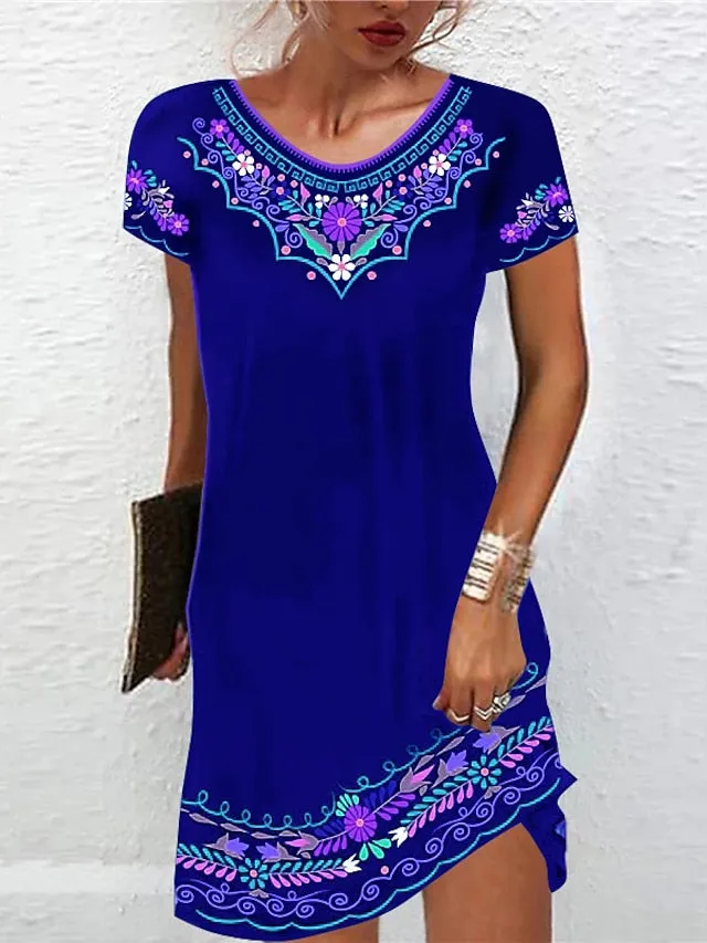 Casual Dress Ethnic Dress Shift Dress Mini Dress Black White Light Green Short Sleeve Floral Print Spring Summer Crew Neck Basic Daily Vacation Loose Fit  S M L XL XXL for Women