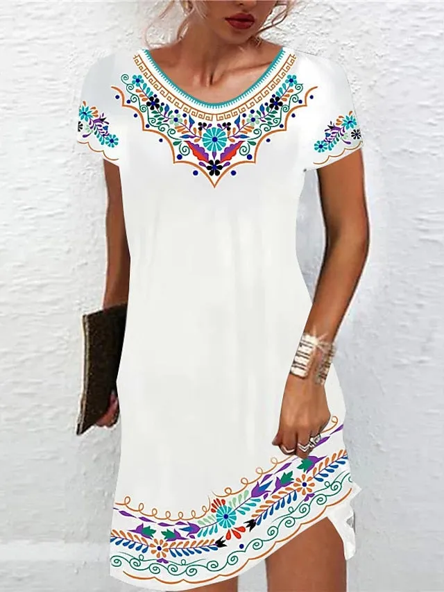 Casual Dress Ethnic Dress Shift Dress Mini Dress Black White Light Green Short Sleeve Floral Print Spring Summer Crew Neck Basic Daily Vacation Loose Fit  S M L XL XXL for Women