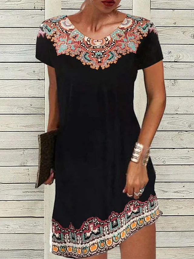 Casual Dress Ethnic Dress Shift Dress Mini Dress Black White Light Green Short Sleeve Floral Print Spring Summer Crew Neck Basic Daily Vacation Loose Fit  S M L XL XXL for Women