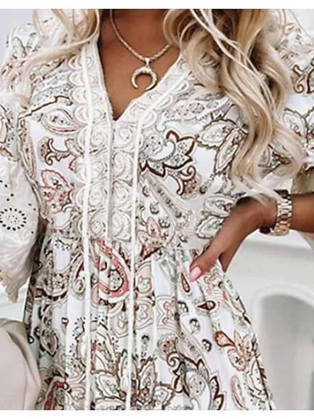 Casual Dress Ethnic Dress Summer Dress Mini Dress White 3/4 Length Sleeve Floral Lace Summer Spring V Neck Fashion Vacation Loose Fit  S M L XL XXL 3XL for Women