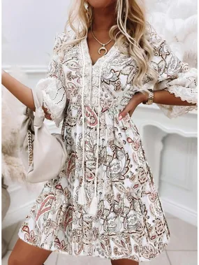 Casual Dress Ethnic Dress Summer Dress Mini Dress White 3/4 Length Sleeve Floral Lace Summer Spring V Neck Fashion Vacation Loose Fit  S M L XL XXL 3XL for Women