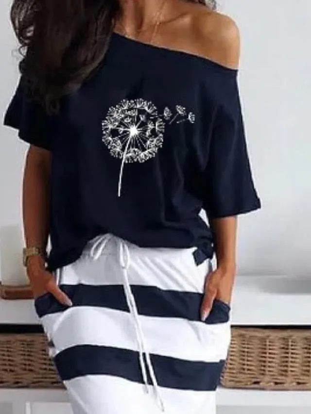 Casual Dress Floral Dress Long Dress Maxi Dress Navy Blue Half Sleeve Striped Lace up Summer Spring One Shoulder Basic Summer Dress Spring Dress  S M L XL XXL 3XL for Women