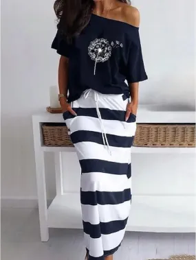 Casual Dress Floral Dress Long Dress Maxi Dress Navy Blue Half Sleeve Striped Lace up Summer Spring One Shoulder Basic Summer Dress Spring Dress  S M L XL XXL 3XL for Women