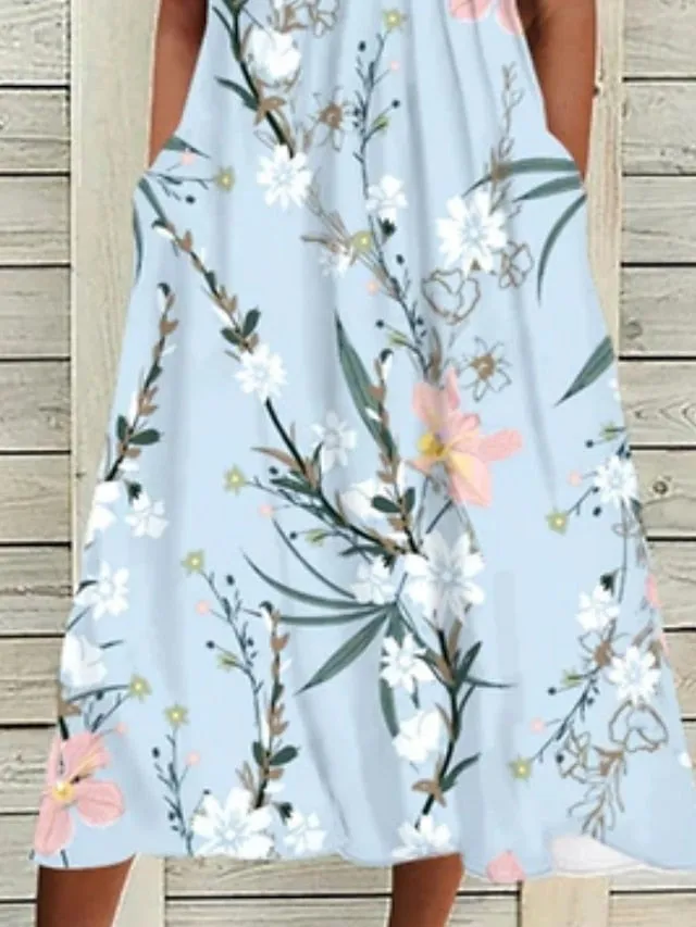 Casual Dress Floral Dress Midi Dress Light Blue Short Sleeve Floral Ruched Summer Spring Fall Crew Neck Stylish Wedding Guest Vacation Summer Dress Loose Fit  S M L XL XXL 3XL for Women