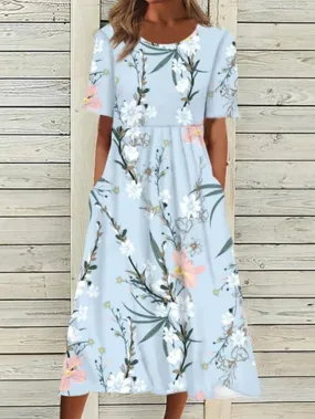 Casual Dress Floral Dress Midi Dress Light Blue Short Sleeve Floral Ruched Summer Spring Fall Crew Neck Stylish Wedding Guest Vacation Summer Dress Loose Fit  S M L XL XXL 3XL for Women