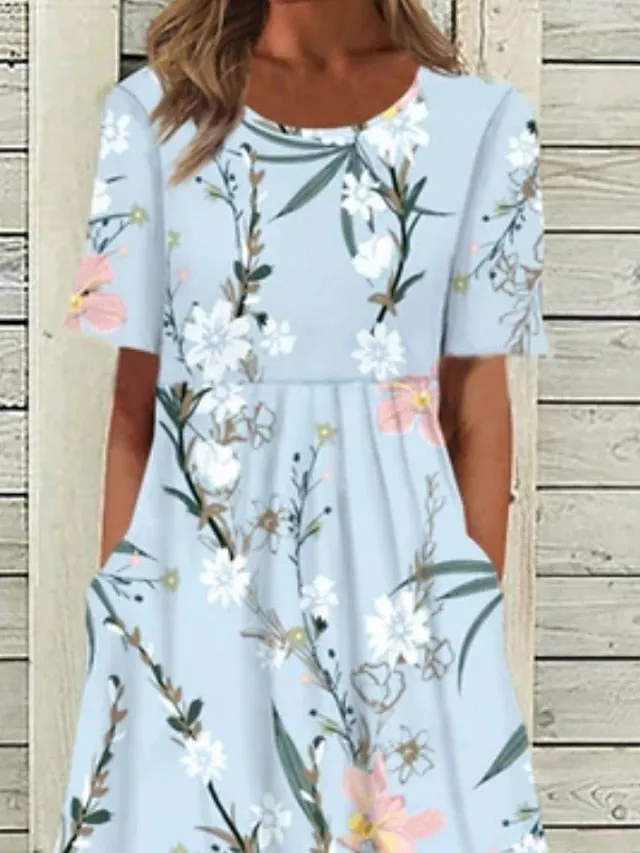 Casual Dress Floral Dress Midi Dress Light Blue Short Sleeve Floral Ruched Summer Spring Fall Crew Neck Stylish Wedding Guest Vacation Summer Dress Loose Fit  S M L XL XXL 3XL for Women