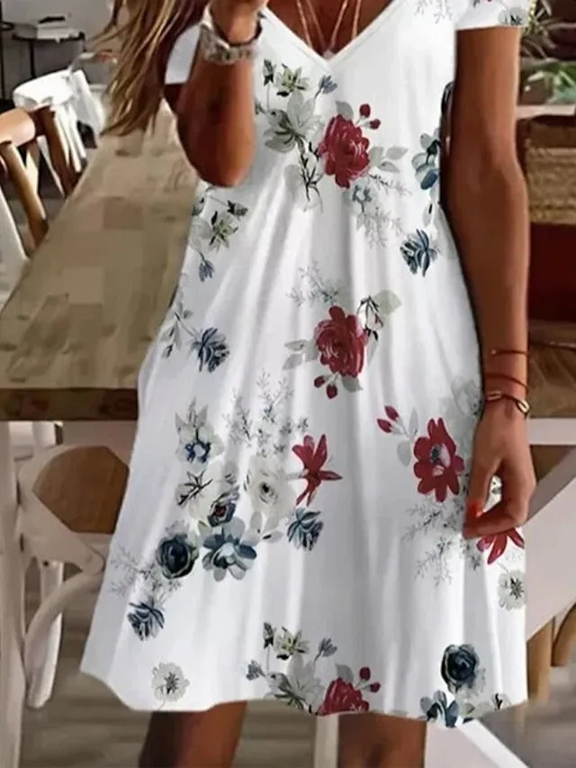 Casual Dress Floral Dress Midi Dress White Short Sleeve Floral Print Spring Summer V Neck Basic Daily Weekend Summer Dress  S M L XL XXL 3XL for Women
