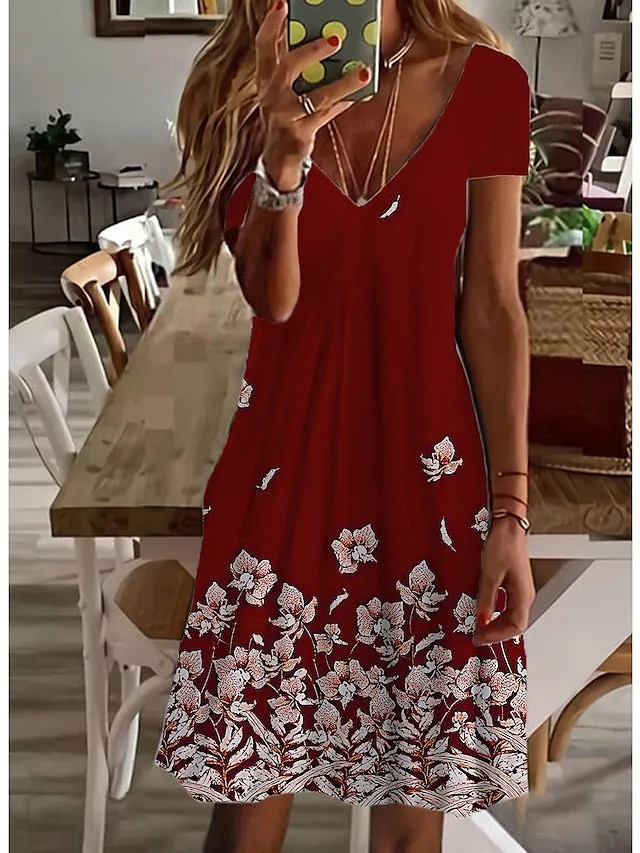 Casual Dress Floral Dress Midi Dress White Short Sleeve Floral Print Spring Summer V Neck Basic Daily Weekend Summer Dress  S M L XL XXL 3XL for Women