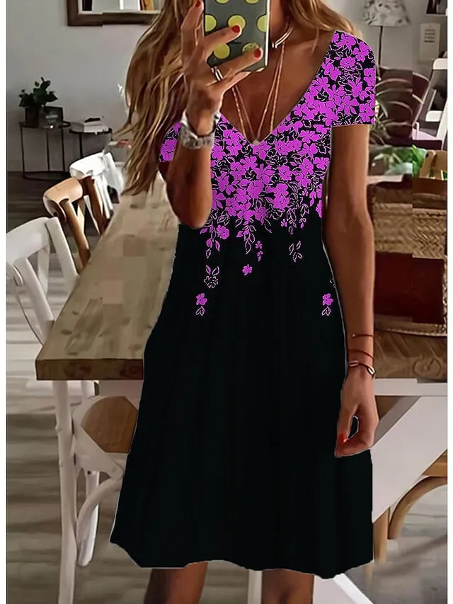 Casual Dress Floral Dress Midi Dress White Short Sleeve Floral Print Spring Summer V Neck Basic Daily Weekend Summer Dress  S M L XL XXL 3XL for Women