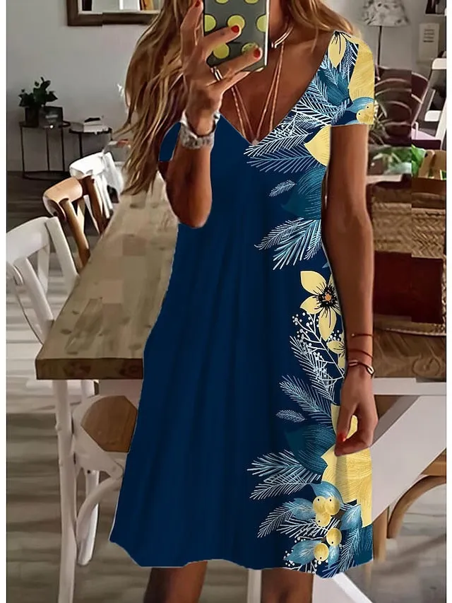 Casual Dress Floral Dress Midi Dress White Short Sleeve Floral Print Spring Summer V Neck Basic Daily Weekend Summer Dress  S M L XL XXL 3XL for Women