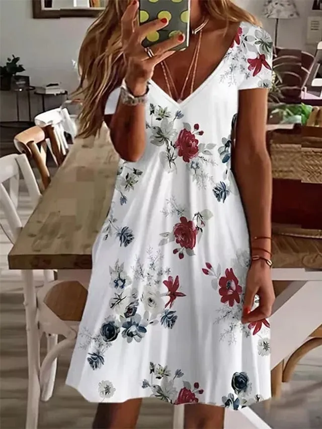 Casual Dress Floral Dress Midi Dress White Short Sleeve Floral Print Spring Summer V Neck Basic Daily Weekend Summer Dress  S M L XL XXL 3XL for Women