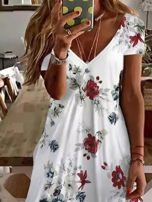 Casual Dress Floral Dress Midi Dress White Short Sleeve Floral Print Spring Summer V Neck Basic Daily Weekend Summer Dress  S M L XL XXL 3XL for Women