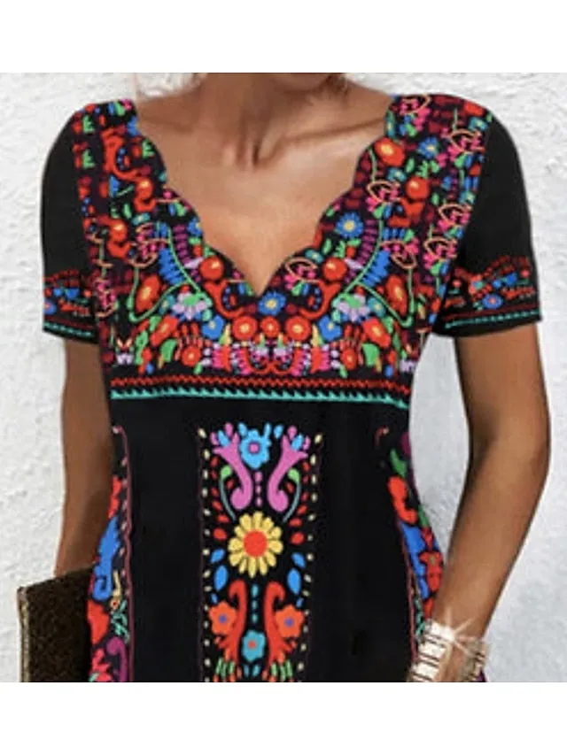 Casual Dress Floral Dress Mini Dress Black Short Sleeve Print Print Spring Summer V Neck Basic Weekend Summer Dress Spring Dress  S M L XL 2XL 3XL for Women