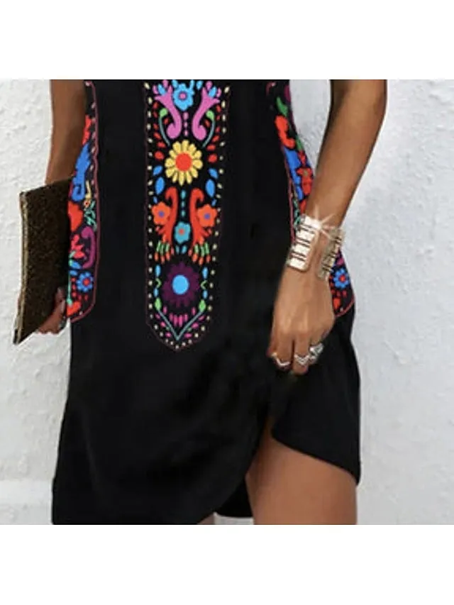 Casual Dress Floral Dress Mini Dress Black Short Sleeve Print Print Spring Summer V Neck Basic Weekend Summer Dress Spring Dress  S M L XL 2XL 3XL for Women