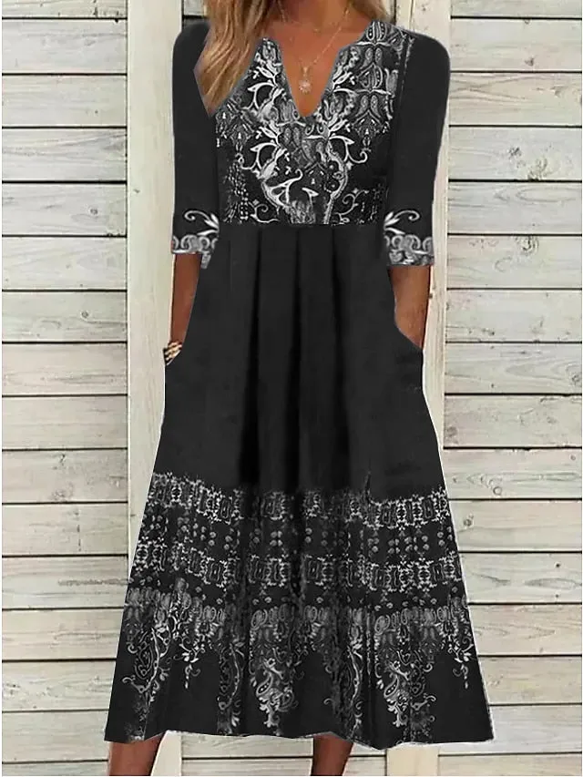 Casual Dress Holiday Dress Ethnic Dress Midi Dress Black Half Sleeve Geometric Print Summer Spring V Neck Fashion Vacation  S M L XL XXL 3XL for Women