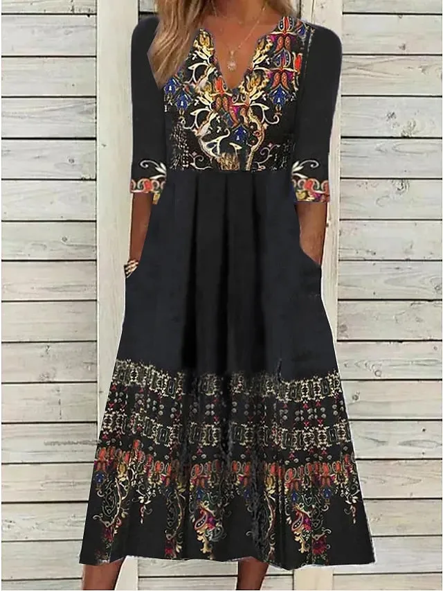 Casual Dress Holiday Dress Ethnic Dress Midi Dress Black Half Sleeve Geometric Print Summer Spring V Neck Fashion Vacation  S M L XL XXL 3XL for Women