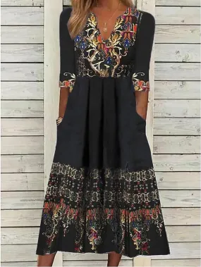 Casual Dress Holiday Dress Ethnic Dress Midi Dress Black Half Sleeve Geometric Print Summer Spring V Neck Fashion Vacation  S M L XL XXL 3XL for Women