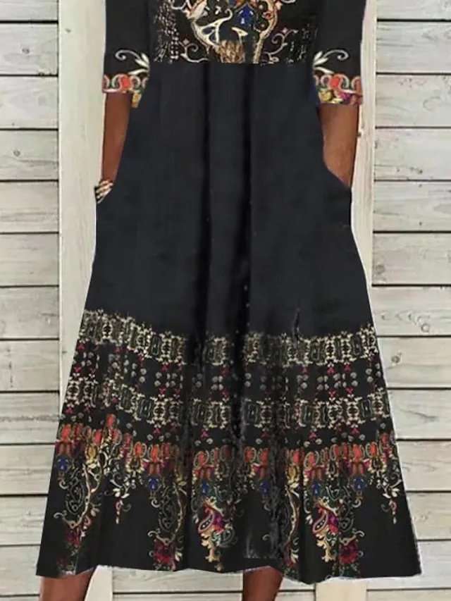 Casual Dress Holiday Dress Ethnic Dress Midi Dress Black Half Sleeve Geometric Print Summer Spring V Neck Fashion Vacation  S M L XL XXL 3XL for Women